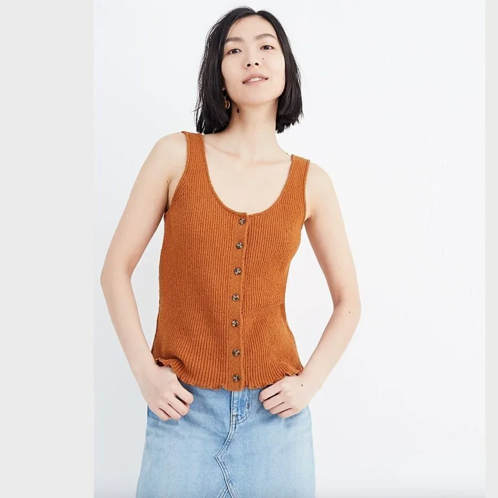 Madewell Rust Ribbed Button-Front Tank Top - Picture 1 of 9